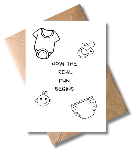 WBdesignz Geburtskarte „Now the Real Fun Begins“ – Witzige Babykarte für frischgebackene Eltern – Schwarz-Weiß Design – DIN A6 – 300g/m² Premium – Für Geburt, Babyparty & Elternstart – Mit Umschlag
