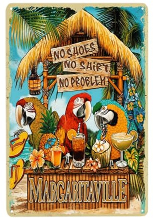 Vintage Metal Sign, No Shoes No Shirt No Problem Parrot Tin sign, Funny Decor Poster for Home Man Cave Bar Garden Garage Wall Plaque Iron Sign 20 x 30 cm