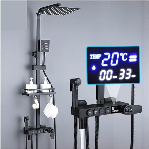 WACEH Shower Shower Faucet kit, Shower System Black Chrome Thermostatic Shower Faucet Sets Digital Display Bathroom Shower Mixer Brass Shower System Shower