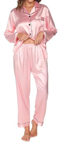 TeJoyce Dam satinpyjamas lång, tvådelad pyjamas kvinnor, set långärmad med knappar och matchande sovbyxor, lyx och elegant sidenpyjamas för natten S–XXL, ROSA, S