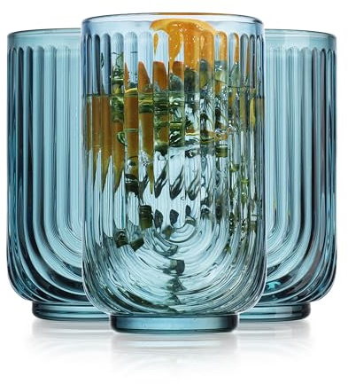 Glaver's Art Deco Trinkgläser, blaues Bogen-Design, 482 ml, 4 Stück