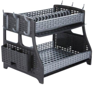 Égouttoir à vaisselle à 2 étages, design moderne, en plastique sans BPA, avec panier à couverts, 6 crochets et 2 bacs d'égouttement, anthracite/gris, 50 x 30 x 34 cm