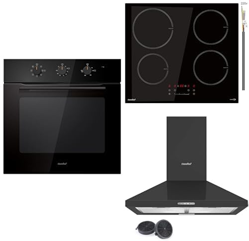 COMFEE' Forno Elettrico da Incasso Ventilato + 7400W Piano di Cottura a Induzione da Incasso con 4 Zone + Cappa Aspirante 60 cm PYRA17B-60 Nera Cappa Cucina con LED