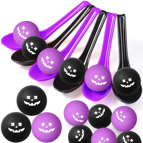 Soulchen 48 Pack Halloween Egg and Spoon Race Game Eyeball Spoon Relay Race Toy Set Funny Game for Halloween Party Favors Supplies Indoor Outdoor Activities (Grimace)