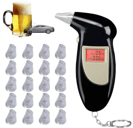 AXVRAV Alcoholímetro de precisión policial, alcoholímetro profesional con pantalla LCD y 20 boquillas, medidor de alcohol portátil para el hogar, alta precisión para conductores, fiestas, oficina