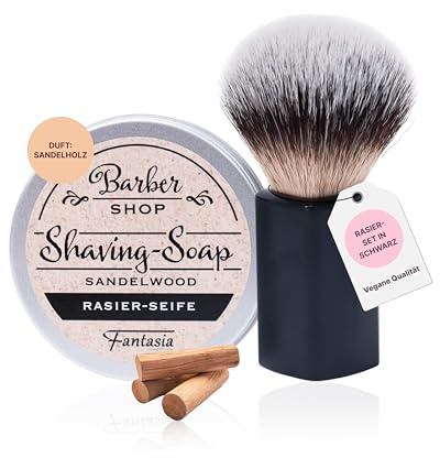 Fantasia® Beauty Rasier-Set schwarz mit Rasierseife in Aludose (Sandelholzduft, 100g) - Veganer Rasierpinsel mit Synthetikhaar, optimal für Bartpflege - Geschenk für Herren, inklusive Rasier