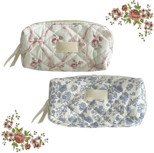 2 Stück blumens Federmäppchen Mädchen, Federtasche Mit Reißverschluss, Weit Zu Öffnendes Mäppchen Aesthetic, Niedlich Gestepptes Federmäppchen, Weiche Kosmetiktasche, Für Stifte, Radiergummis, Pinsel