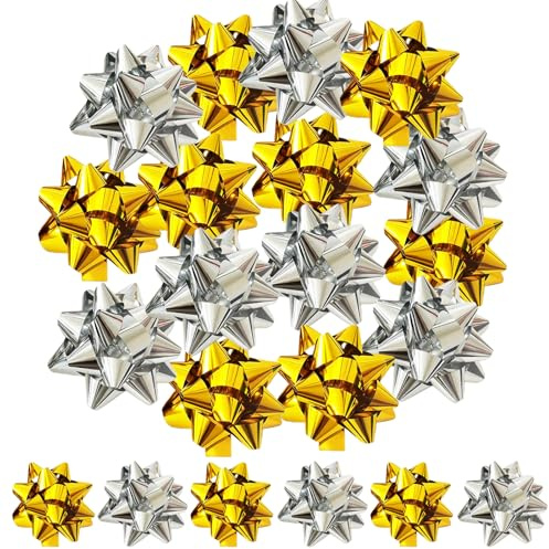 AYNKH 50 Stück Sternen-Bunteblumen Geschenkschleifen Set - 2 Zoll (25 Silber + 25 Gold) Selbstklebend, Weihnachten Geschenkschleifen Zum Kleben für Geschenkverpackung, Geburtstage & Feiern