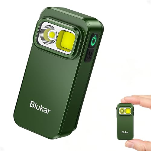 Blukar Mini Lampe Torche LED Rechargeable, 800L Mini EDC Lampe de Poche à Clip Ultra Puissante, 5 Modes,3 Sources de Lumière, IPX6 Étanche, Longue Durée& Portable Torche pour Camping,Vert foncé