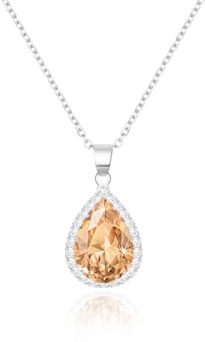 Linawe Collana da donna, ciondolo a catena in argento, collana con ciondolo a forma di fossile, topazio champagne, ciondolo in argento, gioielli da sposa, pietra portafortuna con diamante