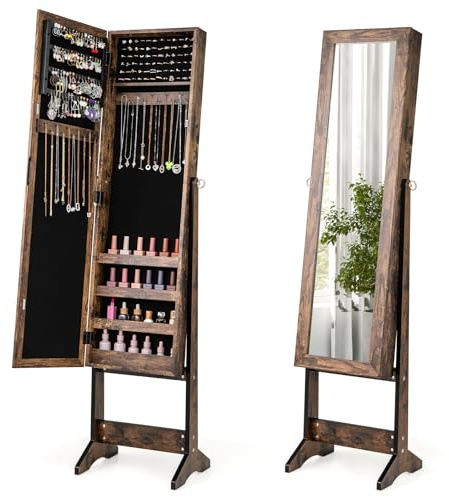 GOPLUS Armoire à Bijoux sur Pied avec Miroir Inclinable en 3 Positions, Armoire de Rangement Cosmétiques de Grande Capacité avec 4 Étagères, Convient pour Salon, Chambre et Porche (Marron Rustique)
