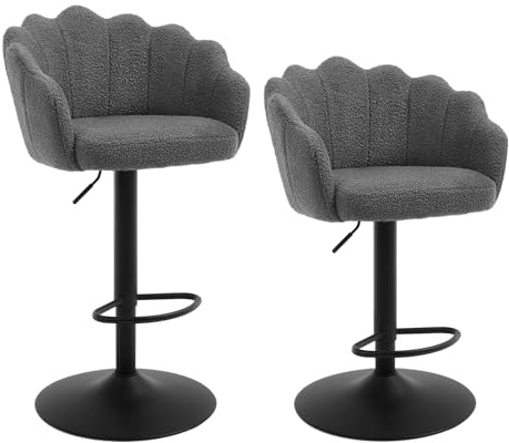 WOLTU Barhocker 2er Set, Bar Hocker mit Lehne, Teddy-Stoff, Dunkelgrau | Barstuhl Höhenverstellbar mit Blütenblatt-Design, 360° drehbar, Gepolsterte, Fußstütze, für Esszimmer Heimbar Kücheninsel