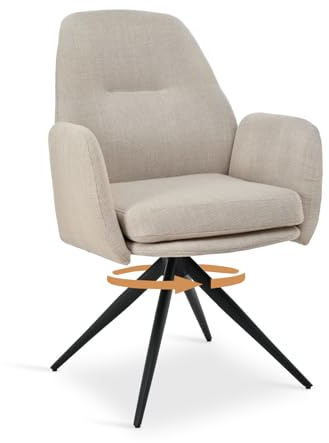 Bon Furni Pack de 1 Sillas de Comedor Giratorias a 360°, Sillones de Cocina de Tela Efecto Lino Acolchados con Reposabrazos y Patas de Metal, Beige