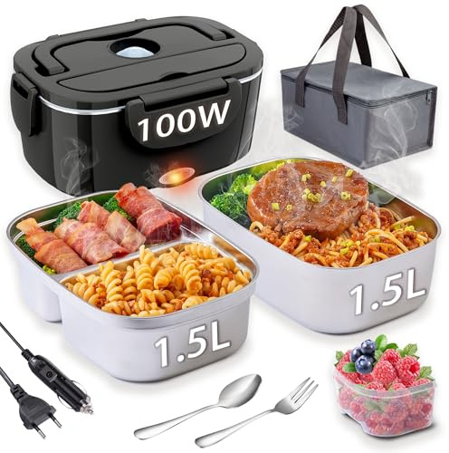 Nifogo Elektrische Lunchbox 100W 2x1,5L, 12V/24V/230V für Auto Lkw Büro | PTC-Heizung mit Überhitzungsschutz, Auslaufsicher, 304 Edelstahl und PP Material, Herausnehmbar & Reinigungsleicht, Tasche