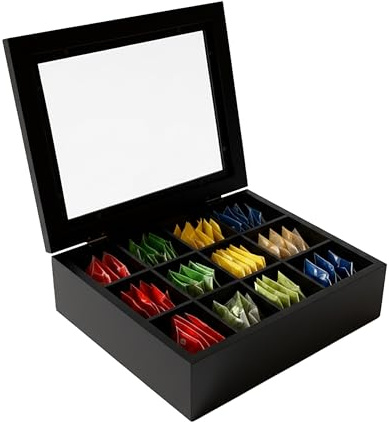 Relaxdays Caja de té de bambú con 12 Compartimentos, Ventana, 9 x 28 x 23 cm, Negro