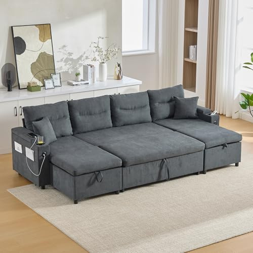 Sapgaks - Sofá convertible de 4 plazas con portavasos, puertos USB, almacenamiento integrado, sofá de esquina convertible en U con chaise longue doble cara, sofá cama moderno de lino (I-gris oscuro)
