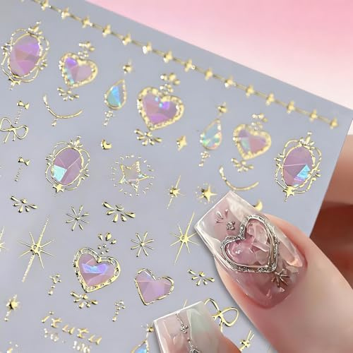 Ruispeed Pinkes Herz Nagelsticker – 5D geprägte Nail Art Stickers mit Goldmond & Stern, Aurora Nagel Aufkleber für Frauen & Mädchen
