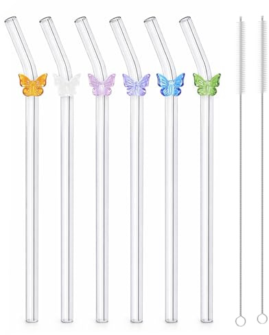 Lot de 6 Pailles en Verre Réutilisables Longues 20cm, Pailles en Verre Incassable en Borosilicate avec Brosse de Nettoyage, Motif Papillon, Adaptées pour Bubble Tea, Smoothies, Cocktails, Jus