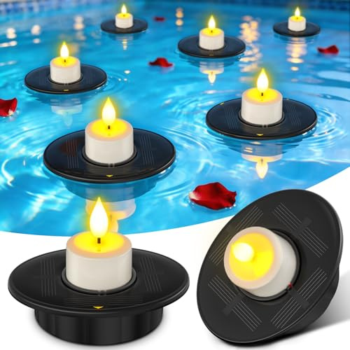 Ymenow 2pcs Solar Floating Pool Lights for Hot Tub Pond Decor | Flameless Flickering Tea Lights Candles, IP68 Waterproof, Dusk to Dawn Sensor, Energy-Saving Solared Powered, Warm White