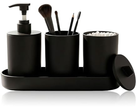 Rokahebi 4-teiliges Badezimmer-Set Matt Schwarz – Modernes Badezimmerzubehör Set mit Seifenspender, Zahnputzbecher, Vorratsdose & Ablage – Kunststoff Organizer für Waschbecken & Bad