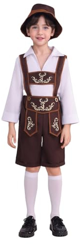 Costume bavarese dell'Oktoberfest per bambini, completo di pantaloni in pelle, per spettacoli di Halloween, abito tradizionale tedesco, camicia, bretelle, cappello e calzini. (Coffee, 7-8 Years)