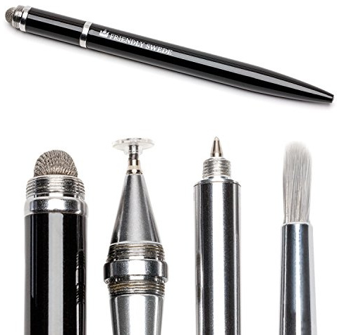 The Friendly Swede 4 in 1 Touchscreen Stift mit austauschbarem Pinsel, Microfaserspitze, feine Spitze mit Scheibe, Kugelschreiber, mit Ersatzspitzen in Geschenkbox