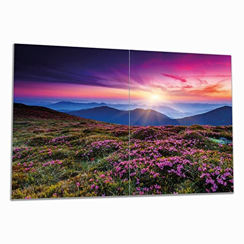 Wallario Herdabdeckplatte/Spritzschutz aus Glas, 2-teilig, 80x52cm, für Ceran- und Induktionsherde, Blumenbedeckte Wiese bei Sonnenuntergang