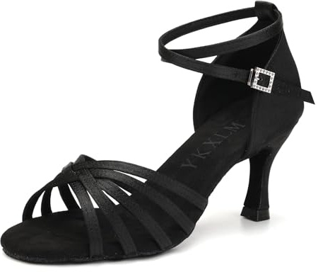 YKXLM Women's Latin Dance Shoes Satin Open Toe Ballroom Salsa Dance Practice Performance Dancing Shoes,3 in Heel,Black,5.5 UK
