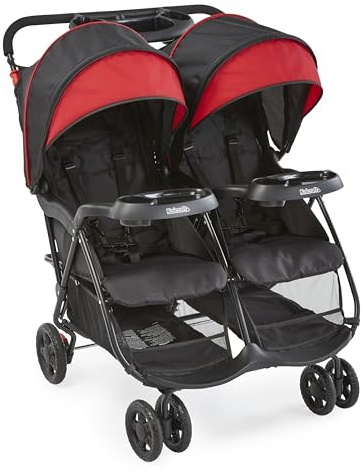 Kolcraft Cloud Plus Lightweight Double Stroller Side-by-Side for Infant Toddler, Compact Folding Travel System with Reclining Seats, Canopies, Storage Basket, Trays, Easy Maneuver – Red Black