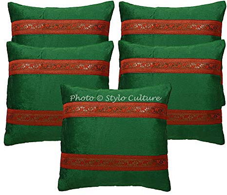 Stylo Culture Boho Fundas De Almohadones Decorativa 40x40 cm Terciopelo Floral Forros para Cojines Silla Verde 16x16 Inch Jacquard De Brocado Cuadrado Cremallera Fundas Cojines Sofa - 5 Pcs