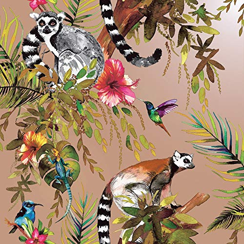 YöL Tapete mit Lemur-Motiv, Rosa, Gold, Tropisch, Dschungel, Vögel, Blumen, Bäume, Tiere