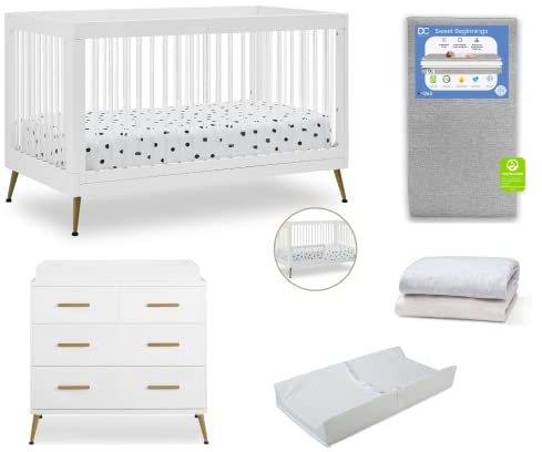 Delta Children Sloane Crib 7-Piece Baby Nursery Furniture Set–Includes: Convertible Crib, Dresser, Changing Top, Crib Mattress, Fitted Sheets, Toddler Guardrail & Changing Pad, White w/Melted Bronze