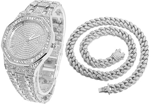 HALUKAKAH Diamante Reloj Oro, Hombres Chapado Oro Real 18K/Oro Blanco Platino 40MM Ancho Octogonal Ronda Esfera Cuarzo Pulsera 22cm con Enlace Cubano Cadena 20+45cm Collar Pulsera, con Caja de Regalo