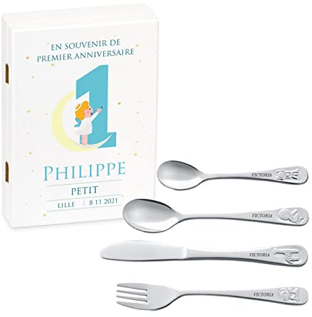 Maverton Set de couverts personnalisé pour garçon - Coutellerie dans coffret imprimé - Couverts Thème Animal - Cadeau d'anniversaire - Cadeaux bébé - Couverts gravés - CIEL