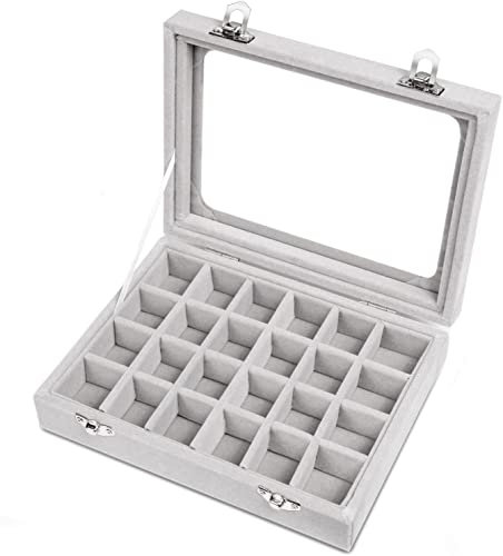 EONGOA 24 Grid Velvet Jewelry Tray for Drawers Detachable Jewelry Showcase Box Glass Clear Lid Showcase Display Storage Ring Trays Holder Earrings Organizer Case (Grey)