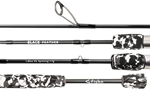 FISHN Feather - Ultraleicht Spinnrute 1,80m Wurfgewicht: 1-7g Angelrute – Spinnrute – Steckrute UL-Rute – direkte Kraftübertragung beim Fischen auf Forelle, Saibling, Barsch (FISHN Black Feather)