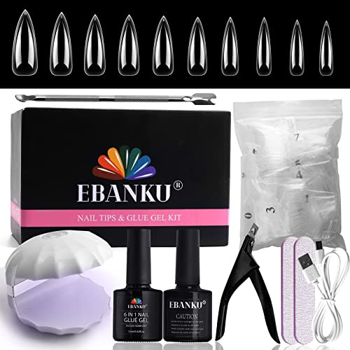 EBANKU 500 Piezas Kit Uñas Postizas de Acrílico con Pegamento, Uñas Postizas Transparentes 6 en 1 Pegamento Uñas Postizas Extra Fuerte, Gel Nail Tips, Mini Lampara Uñas Semipermanentes, Lima para Uñas