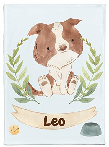 Personalisierte Babydecke Kinderdecke mit eigenen Namen, Kleiner Hund & Farbauswahl | Individuelle Baby Decke Namensdecke mit graue Hund Motiv (Hund 3), 80 x 110 cm