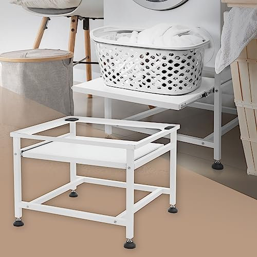 ML-Design Pedestal para Lavadora o Secadora con Estante Extraíble Blanco 62,5 x 53,5 x 45 cm de Acero, Capacidad hasta 150kg Pies Regulables Soporte Alto Base Estable y Robusta Bastidor Universal
