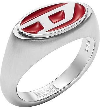 Diesel Anillo Hombre, Esmalte Rojo y Acero Inoxidable Anillo Signet, Plata, 11.5, 8, Tono plata y rojo