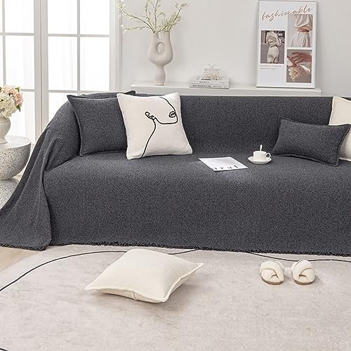 Mesnt Sofa Überzug 1 Sitzer, Chenille Wohndecke als Sofadecke, Couch Überwürf, Sofa Überzug Einfarbig mit Quaste Dunkelgrau, 180x150CM