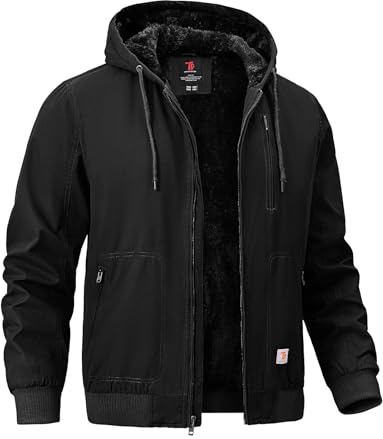 TBMPOY Men's Winter Jackets Hooded Work Cotton Fleece Lined Duck Coats Flannel Active Workwear Coat Black L