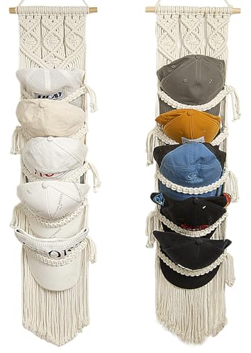 Bollkepshängare – 2-pack – boho makramé kepshållare vägghatt organiserare för basebollkepshållare över dörren, hattställ för vägg, kepshylla för dekoration och skärm,