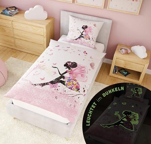 Carpe Sonno Kinderbettwäsche 135x200 cm Schmetterling – leuchtet im Dunkeln | Kinder Bettwäsche Glow in the Dark | 100 % Renforcé Baumwolle, Oeko-Tex | Kissenbezug 80x80 | Mädchen & Jungen