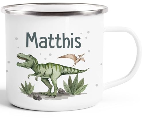 SpecialMe® Kinder-Tasse Emaille Dino mit Namen personalisiert Dinosaurier T-Rex Namenstasse individuelle Geschenke Emaille-weiss-silber standard