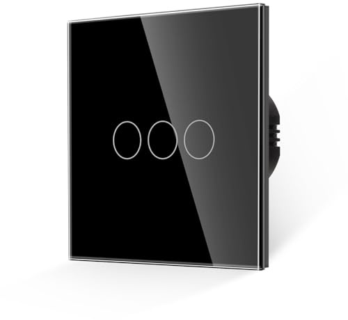 JIMEIDA Touch Light Switch 3 Gang 1 Way Tempered Black Glass Panel Wall Switch and Screwless Glass Plate with LED Backlight,No Neutral Wire Required,500W,AC 240V