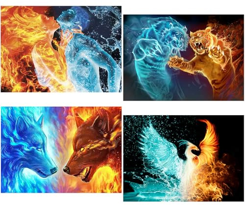 TDFERAN/30x40CM 4 Stück 5D Diamond Painting Liebhaber Eis und Feuer, DIY Kristall Stickerei Malerei Phönix, Diamant Malerei Wolf Malen Nach Zahlen Tiger, Mosaik Kunsthandwerk Haus Dekoration