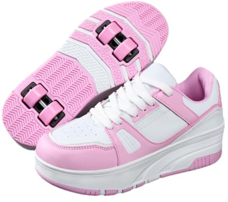 ENEN Chaussure a Roulette, Chaussures a roulettes Retractable Garçons Basket Roulette pour Enfant Fille, Roller 4 Roues Déformable Adolescents pour Intérieur Extérieur Blanc Rose