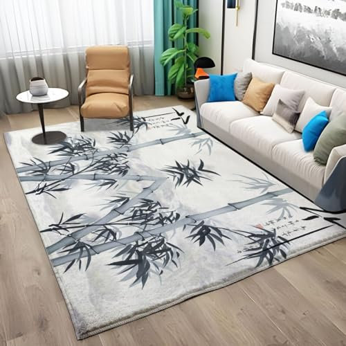 Grau Weicher Teppich 160x230 cm Tuschemalerei Bambus Teppich Wohnzimmer Moderner 3D-Druck Waschbar Schlafzimmer Teppiche Kurzflor rutschfest Teppich