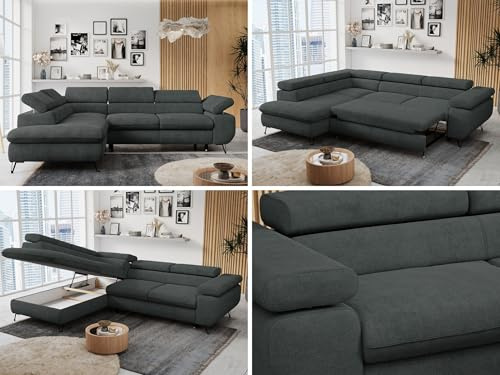 MKS MEBLE Ecksofa Wohnlandschaft L-Form mit Schlaffunktion und Bettkasten, Schlafsofa mit Bettkasten, Sofa mit Einstellbare Kopfstützen, Peter L - Stukture - Links Dunkelgrau